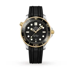 Omega Seamaster Diver 300M O21022422001001 with a black ceramic wave-pattern dial, 42 mm stainless steel and 18K Sedna™ Gold case, black ceramic bezel, and black rubber strap