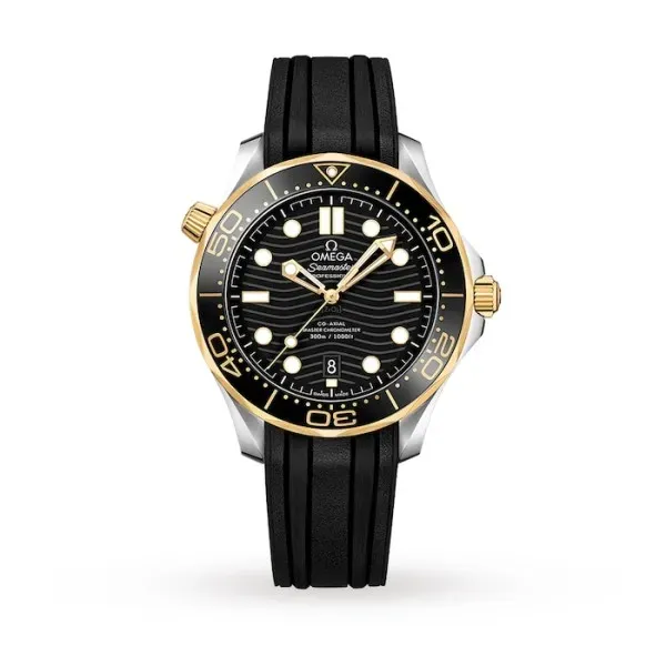 Omega Seamaster Diver 300M O21022422001001 with a black ceramic wave-pattern dial, 42 mm stainless steel and 18K Sedna™ Gold case, black ceramic bezel, and black rubber strap