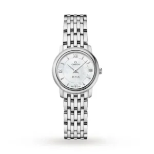 Omega De Ville Prestige O42410246005001 with a white mother-of-pearl dial, diamond hour markers, 24.4 mm stainless steel case, and stainless steel bracelet.
