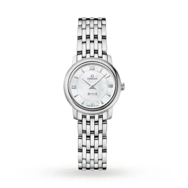 Omega De Ville Prestige O42410246005001 with a white mother-of-pearl dial, diamond hour markers, 24.4 mm stainless steel case, and stainless steel bracelet.