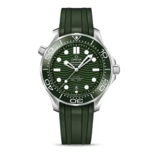 Omega Seamaster Diver 300M O21032422010001 with a green ceramic wave-pattern dial, 42 mm stainless steel case, green ceramic bezel, and green rubber strap