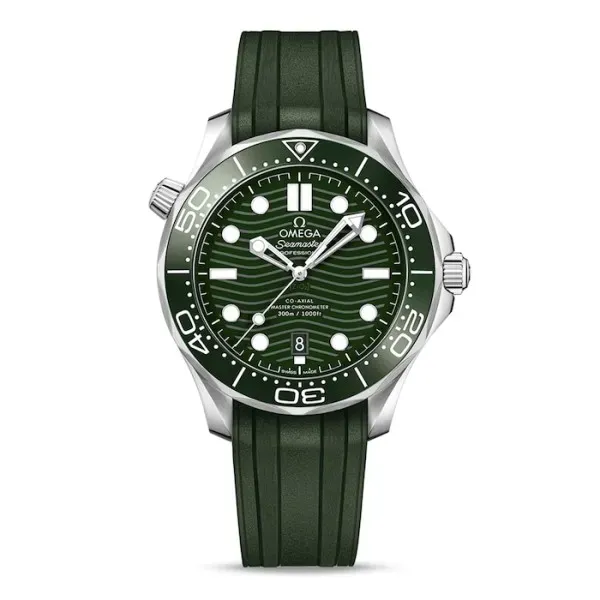 Omega Seamaster Diver 300M O21032422010001 with a green ceramic wave-pattern dial, 42 mm stainless steel case, green ceramic bezel, and green rubber strap