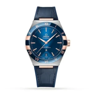Omega Constellation O13123412103001 with a blue sun-brushed dial, 41 mm stainless steel and 18K Sedna™ Gold case, blue ceramic bezel, and blue leather strap.