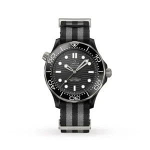 Omega Seamaster Diver 300M 007 Edition O21092442001002 with a tropical brown aluminium dial, Grade 2 titanium case, brown diving bezel, and black NATO fabric strap.