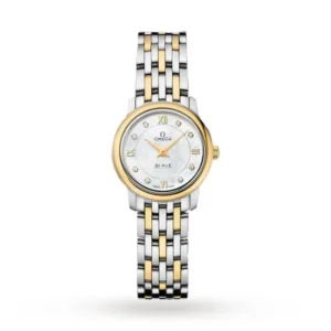Omega De Ville Prestige O42420246055001 with a white mother-of-pearl dial, diamond hour markers, 24.4 mm stainless steel and 18K yellow gold case, and two-tone bracelet