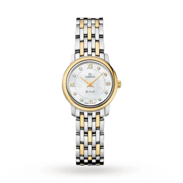 Omega De Ville Prestige O42420246055001 with a white mother-of-pearl dial, diamond hour markers, 24.4 mm stainless steel and 18K yellow gold case, and two-tone bracelet