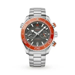 Omega Seamaster Planet Ocean O21530465199001 with a grey ceramised titanium dial, 45.5 mm stainless steel case, orange ceramic bezel, and stainless steel bracelet.