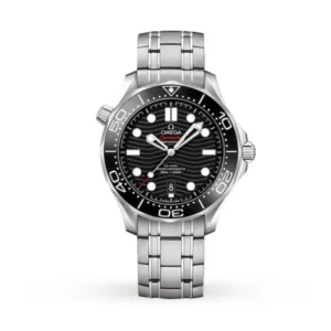 Omega Seamaster Diver 300M O21030422001001 with a black ceramic wave-pattern dial, 42 mm stainless steel case, black ceramic bezel, and stainless steel bracelet.