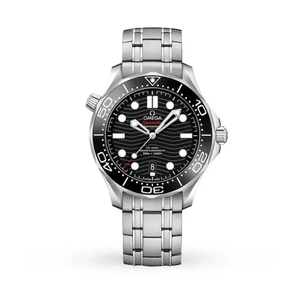 DDE11C94-2C7C-CBC0-F413-8278D50CFB69 Omega Seamaster Diver 300M O21030422001001 with a black ceramic wave-pattern dial, 42 mm stainless steel case, black ceramic bezel, and stainless steel bracelet.