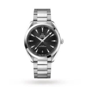 Omega Seamaster Aqua Terra O22010412101001 with a black teak-pattern dial, 41 mm stainless steel case, and stainless steel bracelet.