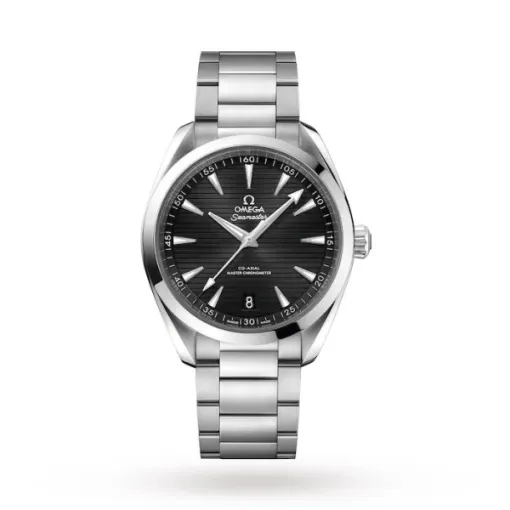 Omega Seamaster Aqua Terra O22010412101001 with a black teak-pattern dial, 41 mm stainless steel case, and stainless steel bracelet.
