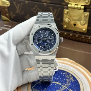 Audemars Piguet Royal Oak Perpetual Calendar 26574ST with a Blue Dial, Automatic Movement, and 41mm case.