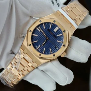 Audemars Piguet Royal Oak 15510 with a 41 mm rose gold case, blue textured dial, and matching rose gold bracelet.