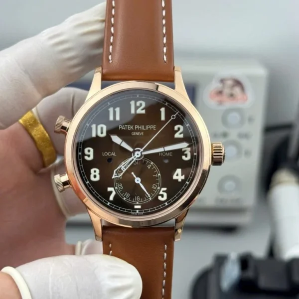 Patek Philippe Calatrava Pilot Travel Time 5524R with a Brown Dial, 42mm case, and Leather Strap