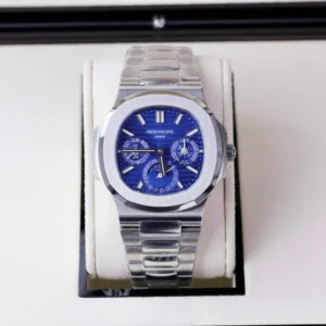 Patek Philippe Nautilus 5740 with a Blue Dial, Metal Wire bracelet, and 40mm case.