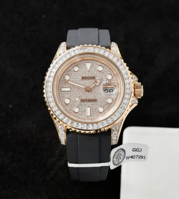 Rolex Yacht-Master replica watch featuring a 40mm gold-wrapped case, moissanite diamond accents, sapphire crystal, and luxury Yacht-Master design.