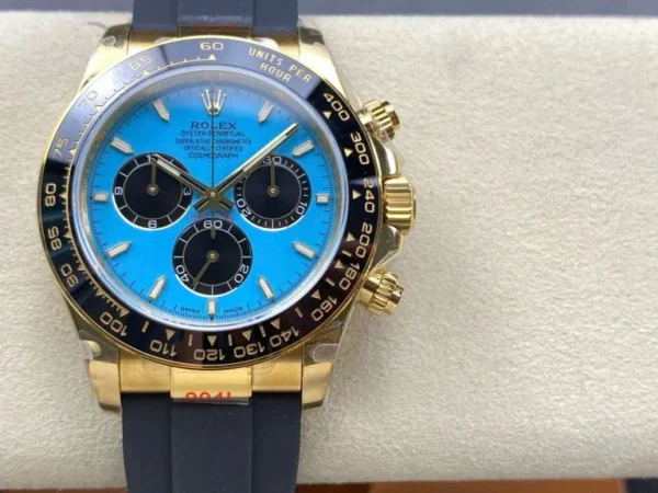 Daytona 126518 YG 3CF 1:1 Best Edition (Weighted) featuring a 40mm yellow gold-tone case, chronograph dial, Oysterflex strap, black ceramic tachymeter bezel, and SH4131 automatic chronograph movement.