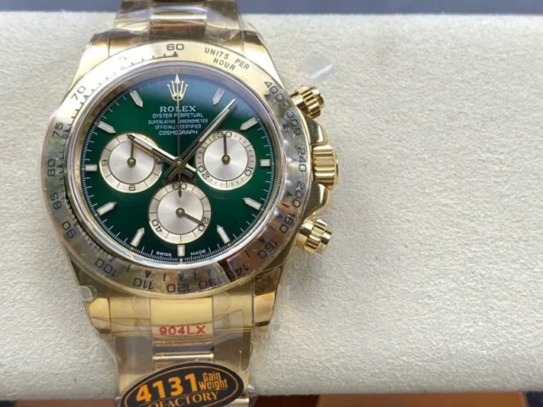 Daytona 116508 YG 3CF 1:1 Best Edition (Weighted) featuring a 40mm yellow gold-tone case, chronograph dial, Oyster bracelet, fixed tachymeter bezel, and SH4131 automatic chronograph movement.