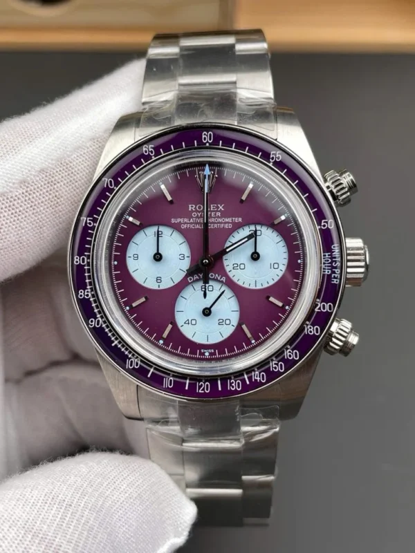 Rolex Daytona 116508 Warm Burgundy Super Clone featuring a 40mm case, Warm Burgundy Dial, fixed tachymeter bezel, Oyster bracelet, and automatic chronograph movement.