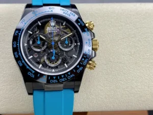 Dong-Ho-Rolex-Daytona-By-Blaken-Rep-11-Mat-Lo-Co-Day-Cao-Su-Mau-Xanh-Lam-40mm-1-768x576.jpg Rolex Daytona Blaken Cyan Skeleton Dial Rubber Strap 40mm Super Clone featuring a black case, Cyan Skeleton Dial, black rubber strap, fixed tachymeter bezel, and Clone Rolex 4130 automatic chronograph movement.