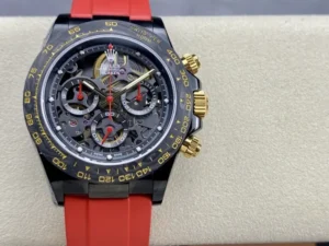 Dong-Ho-Rolex-Daytona-By-Blaken-Rep-Cao-Cap-Mat-Lo-Co-Day-Cao-Su-Mau-Do-40mm-1-768x576.jpg Rolex Daytona Blaken Red Skeleton Dial Rubber Strap 40mm Super Clone featuring a black case, Red Skeleton Dial, black rubber strap, fixed tachymeter bezel, and Clone Rolex 4130 automatic chronograph movement.