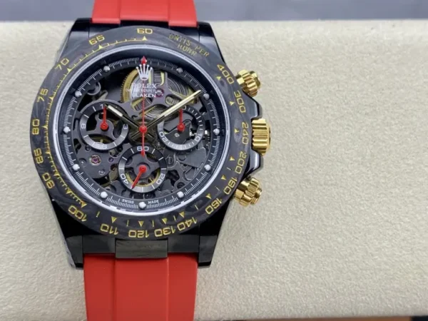 Dong-Ho-Rolex-Daytona-By-Blaken-Rep-Cao-Cap-Mat-Lo-Co-Day-Cao-Su-Mau-Do-40mm-1-768x576.jpg Rolex Daytona Blaken Red Skeleton Dial Rubber Strap 40mm Super Clone featuring a black case, Red Skeleton Dial, black rubber strap, fixed tachymeter bezel, and Clone Rolex 4130 automatic chronograph movement.