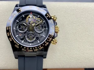 Dong-Ho-Rolex-Daytona-By-Blaken-Replica-11-Mau-Den-Mat-Lo-Co-40mm-1-768x576.jpg Rolex Daytona Blaken Skeleton Dial Rubber Strap 40mm Super Clone featuring a black case, Skeleton Dial, black rubber strap, fixed tachymeter bezel, and Clone Rolex 4130 automatic chronograph movement.