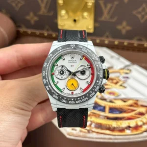 Dong-Ho-Rolex-Daytona-DiW-Ferrari-Replica-11-Vo-Carbon-Trang-Sieu-Nhe-40mm-2-768x768-1 Rolex Daytona DIW Ferrari Super Clone Watch featuring a 40mm forged carbon case, Ferrari-inspired skeleton dial, fixed carbon tachymeter bezel, black nylon strap, and automatic chronograph movement.