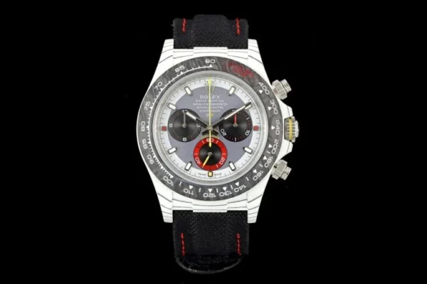 Rolex Daytona DIW Carbo Quartz Ocellaris Luxury Super Clone featuring a 40mm Carbo Quartz case, Skeleton Dial, fixed Carbo Quartz tachymeter bezel, nylon strap, and automatic chronograph movement.