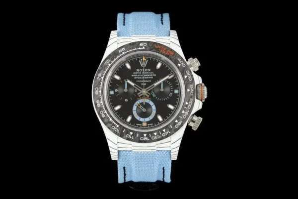 Rolex Daytona DIW Carbo Quartz Bachi Luxury Super Clone featuring a 40mm Carbo Quartz case, Skeleton Dial, fixed Carbo Quartz tachymeter bezel, nylon strap, and automatic chronograph movement