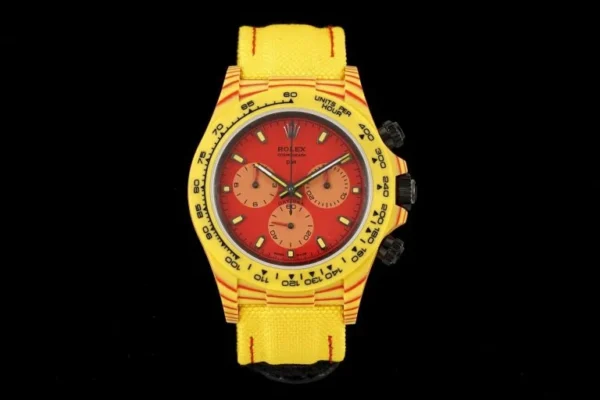 Dong-Ho-Rolex-Daytona-Diw-Carbo-Quartz-Fiber-Volcano-Replica-Cao-Cap-40mm-9-768x512-1 Rolex Daytona DIW Carbon Fiber Volcano Yellow Luxury Super Clone featuring a 40mm carbon fiber case, Skeleton Dial with Volcano Yellow accents, fixed carbon fiber tachymeter bezel, nylon strap, and automatic chronograph movement.