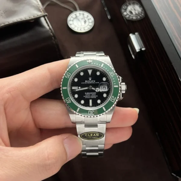Rolex Submariner 126610LV Kermit Super Clone featuring a 41mm 904L stainless steel case, Black Dial, green ceramic bezel, Oyster bracelet, sapphire crystal, and DD3235 automatic movement.