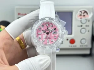 Rolex Submariner Phantomlab Pink Dial Super Clone featuring a 40mm black-coated stainless steel case, Pink Dial, black ceramic bezel, Oyster bracelet, sapphire crystal, and Swiss automatic movement.