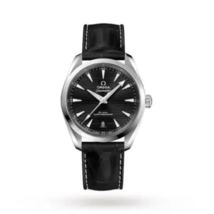 Omega Seamaster Aqua Terra O22013382001001 with a black teak-pattern dial, 38 mm stainless steel case, and black leather strap