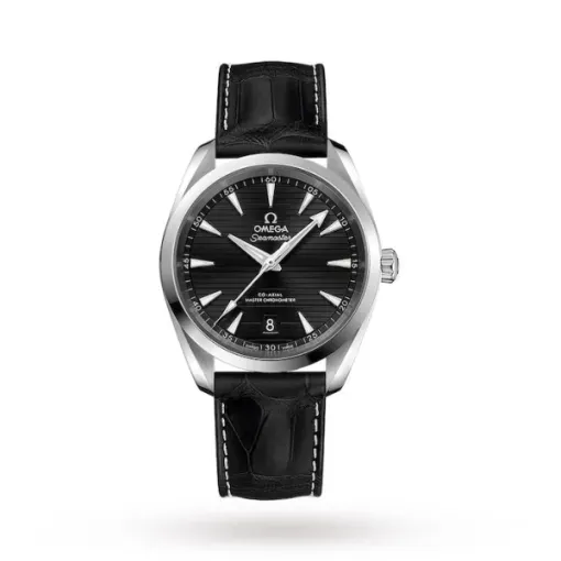 E8C64AF0-CC27-05F8-C67A-825E67F8D5D3 Omega Seamaster Aqua Terra O22013382001001 with a black teak-pattern dial, 38 mm stainless steel case, and black leather strap