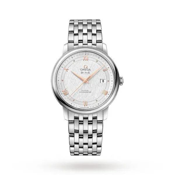 Omega De Ville Prestige O42410402002004 with a mother of pearl silk-pattern dial, 39.5 mm stainless steel case, and stainless steel bracelet.