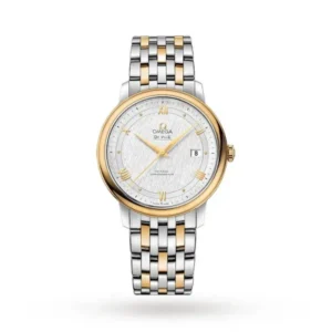 Omega De Ville Prestige O42420402002001 with a mother of pearl dial, 39.5 mm stainless steel and 18K yellow gold case, and two-tone bracelet.
