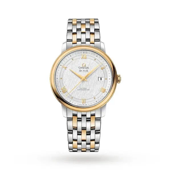 Omega De Ville Prestige O42420402002001 with a mother of pearl dial, 39.5 mm stainless steel and 18K yellow gold case, and two-tone bracelet.