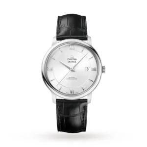Omega De Ville Prestige O42413402002001 with a silver two-zone dial, 39.5 mm stainless steel case, and black leather strap
