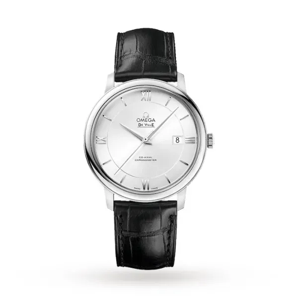 F8BDF7BD-2839-A949-D215-A16F21ADE1D9 Omega De Ville Prestige O42413402002001 with a silver two-zone dial, 39.5 mm stainless steel case, and black leather strap