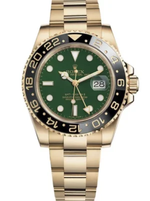 Rolex GMT-Master II 40mm Green Dial 116718 GSO Super Clone featuring a yellow gold-tone case, Green Dial, black Cerachrom bezel, Oyster bracelet, and Clone Rolex 3186 automatic movement.