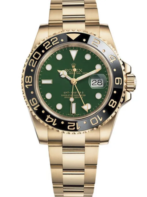 Rolex GMT-Master II 40mm Green Dial 116718 GSO Super Clone featuring a yellow gold-tone case, Green Dial, black Cerachrom bezel, Oyster bracelet, and Clone Rolex 3186 automatic movement.