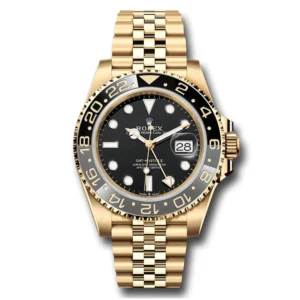 Rolex GMT-Master II Oyster 40mm Yellow Gold 126718GRNR Super Clone with a Black Dial, Grey and Black Cerachrom bezel, Jubilee bracelet, and Clone Rolex 3285 automatic movement.