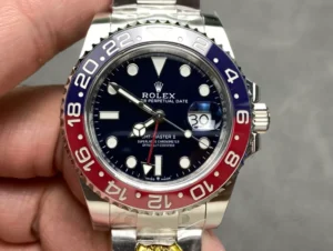 Gold Factory Rolex GMT-Master II Super Clone with a 40mm stainless steel case, Black Dial, Cerachrom bezel, Oyster bracelet, and automatic movement.