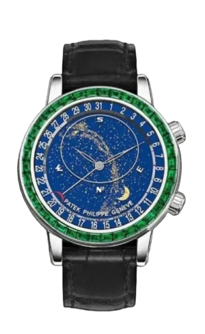 Patek Philippe Grand Complications 6102 SS 3KF Best Edition with a Blue Dial, Green Diamonds Bezel, Blue Leather Strap, and A240 movement.
