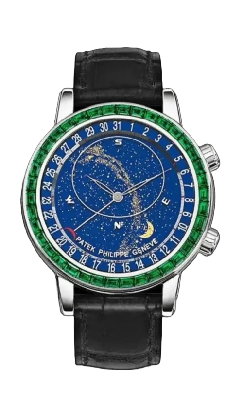 Patek Philippe Grand Complications 6102 SS 3KF Best Edition with a Blue Dial, Green Diamonds Bezel, Blue Leather Strap, and A240 movement.
