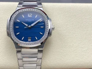 Patek Philippe 7118/1200A Nautilus Ladies Super Clone with a Blue Dial and Diamond Bezel