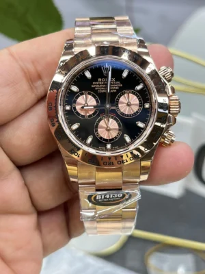 Rolex 126505 Cosmograph Daytona 18K Rose Gold with Black Dial featuring a 40mm Everose gold-tone case, fixed tachymeter bezel, Oyster bracelet, and automatic chronograph movement.