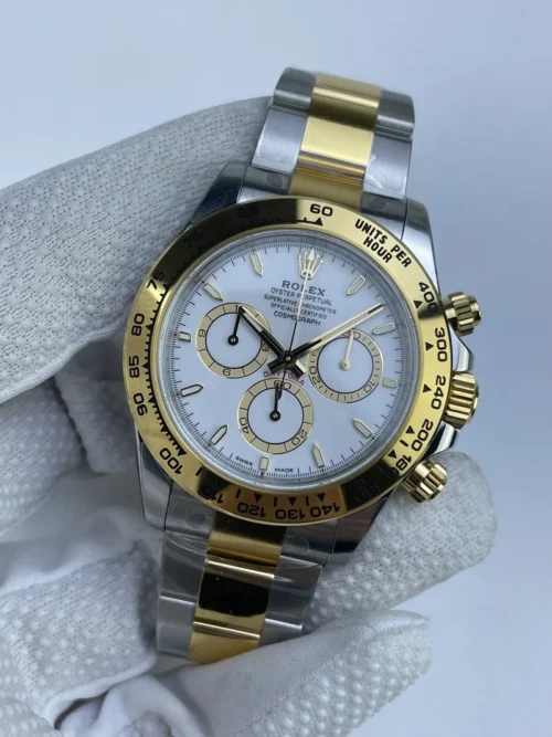 Daytona 126503 VSF 1:1 Best Edition featuring a White Dial, SS/YG Oyster bracelet, fixed tachymeter bezel, weighted case, and DD4131 automatic chronograph movement.