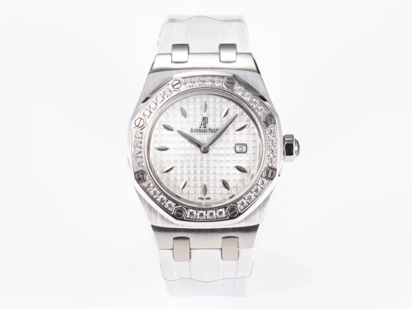 Audemars Piguet Royal Oak Offshore 33 mm with a white dial, stainless steel case, integrated bracelet, and diamond-set bezel.